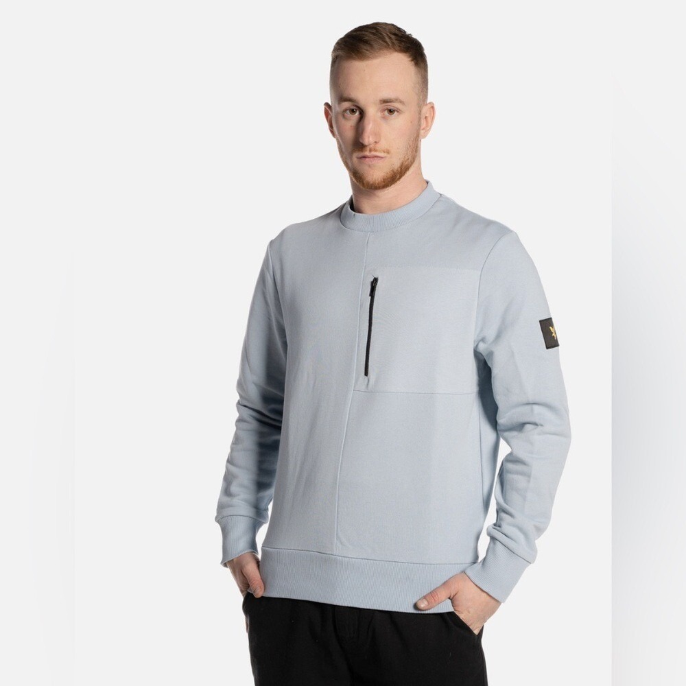 Lyle & Scott Mens Light Blue Zip‎ Pocket Crewneck Sweatshirt Logo Patch Size L
